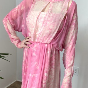 Vintage 1970s Dress / 70s Cherry Blossom Silk Chiffon Dress / Pink White M L image 5