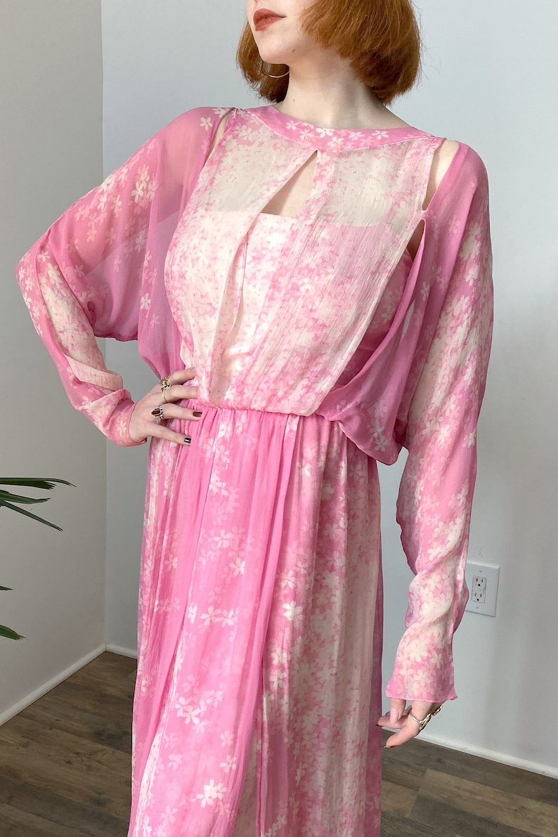 Vintage 1970s Dress / 70s Cherry Blossom Silk Chiffon Dress / Pink White M L image 5