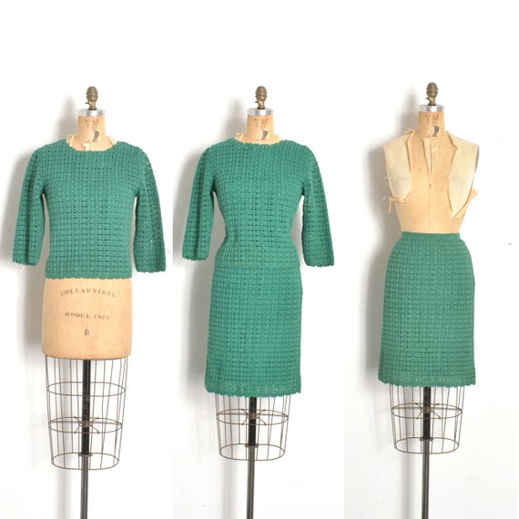 Vintage 1960s Dress / 60s Crochet Knit Two Piece S
