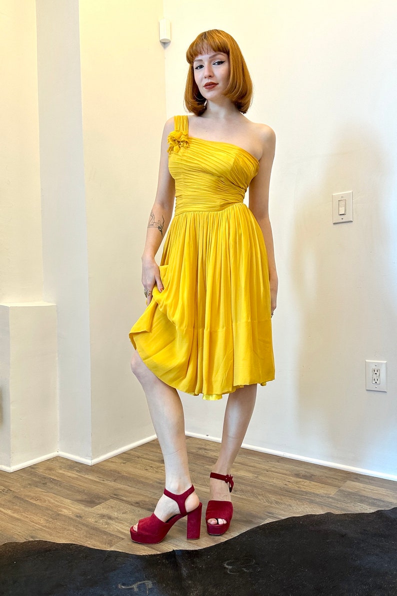 Vintage 1950s Dress / 50s One Shoulder Party Dress / Yellow XS image 2