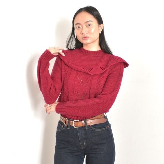 Vintage 1980s Sweater / 80s Collared Berry Knit Sw