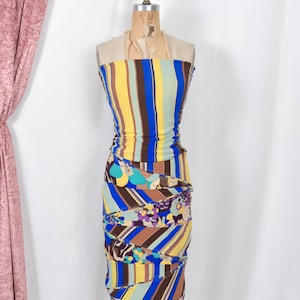 Vintage jaren 2000-jurk / Versace L/Z 2003 tweedelige set zijde met gemengde print / blauw geelbruin (XS S)