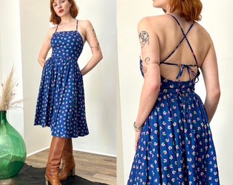 Vintage 1980s Dress / 80s Lanz Originals Cherry Print Dress / Blue Pink ( S )