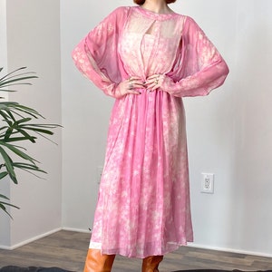 Vintage 1970s Dress / 70s Cherry Blossom Silk Chiffon Dress / Pink White M L image 4