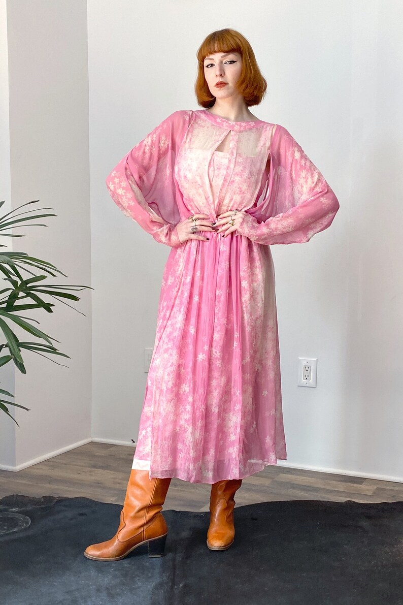 Vintage 1970s Dress / 70s Cherry Blossom Silk Chiffon Dress / Pink White M L image 4