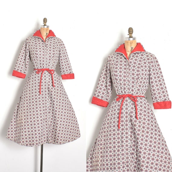 Vintage 1950s Dress / 50s Quilted Cotton House Coa