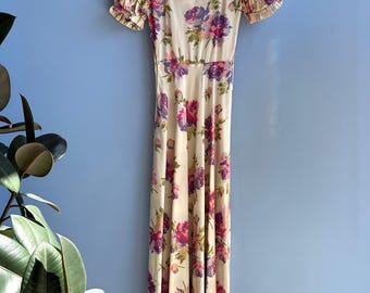 Vintage 1930s Dress / 30s Floral Taffeta Maxi Dress with Cutout Sleeves / White Pink ( XS )