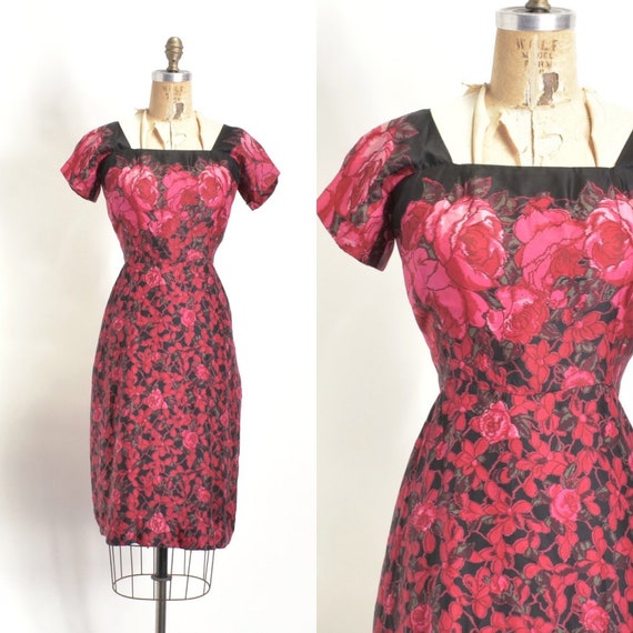 Vintage 1950s Dress / 50s Rose Print Silk Cocktai… - image 1