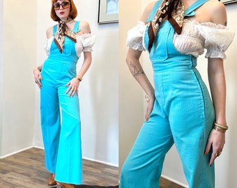 Vintage 1970s Jumpsuit / 70s Corduroy Flare Leg Overalls / Blue (XS S)