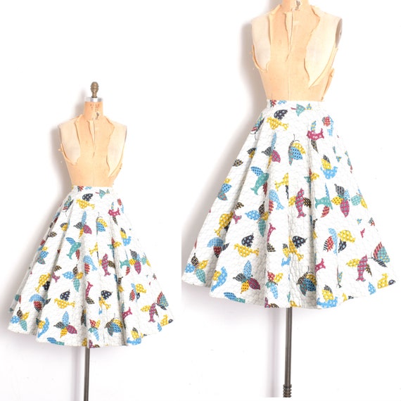 Vintage 1950s Skirt / 50s Quilted Cotton Butterfly