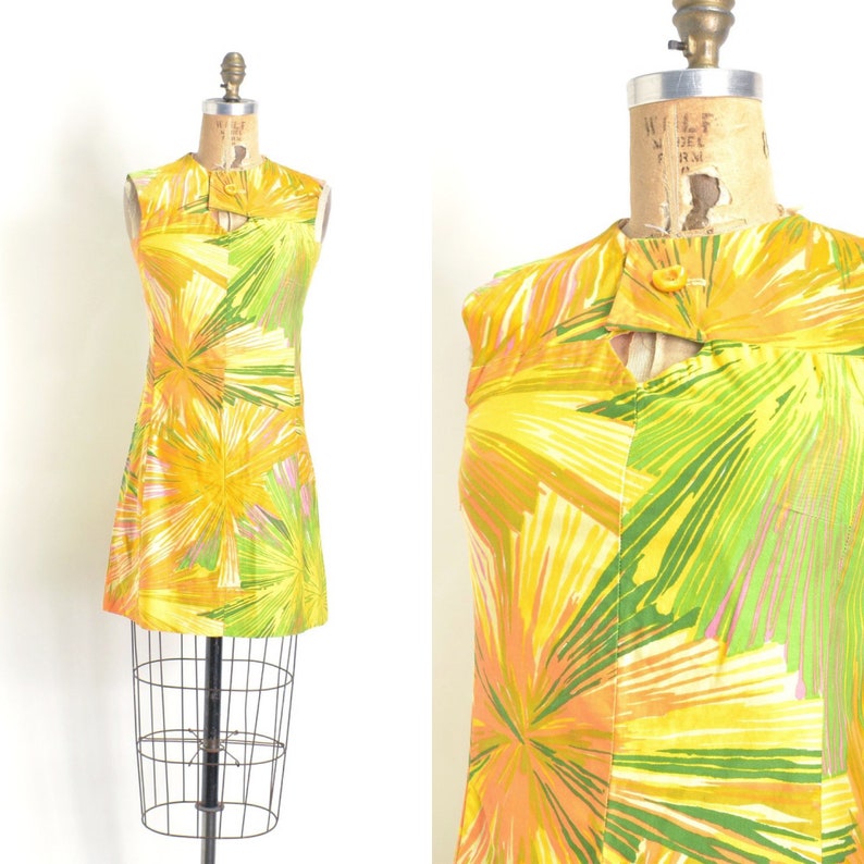 Vintage 1960s Dress / 60s Starburst Cotton Mini Dress / Yellow Green XS extra small image 1