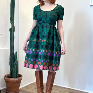 Vintage 1960s Dress / 60s Polka Dot Party Dress / Green Black Pink ( XS S )