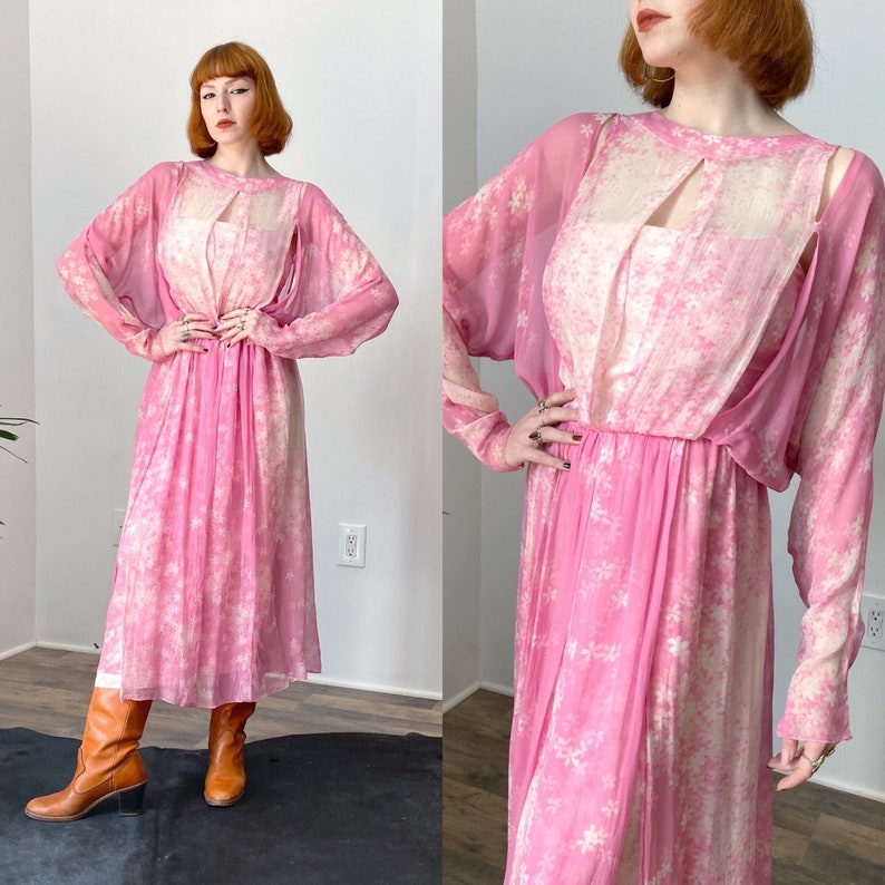 Vintage 1970s Dress / 70s Cherry Blossom Silk Chiffon Dress / Pink White M L image 1