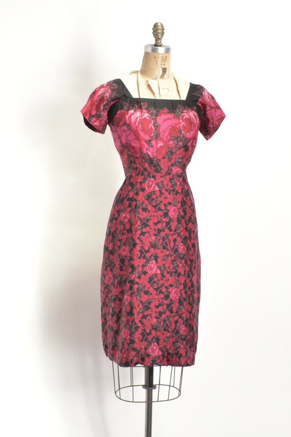 Vintage 1950s Dress / 50s Rose Print Silk Cocktai… - image 4