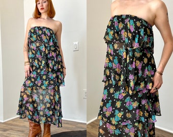 Vintage 1970s Dress / 70s Floral Print Top and Skirt Set / Black Purple Blue ( XS S )