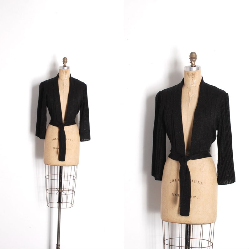 S M L Vintage 1970s Sweater 70s Tie Front Metallic Knit Cropped Sweater Black