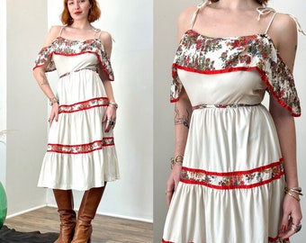 Vintage 1970s Dress / 70s Young Edwardian Floral Sundress / White Red ( S M )