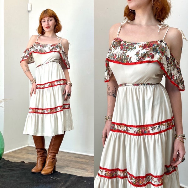 Vintage 1970s Dress / 70s Young Edwardian Floral Sundress / White Red ( S M )