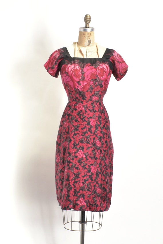 Vintage 1950s Dress / 50s Rose Print Silk Cocktai… - image 2