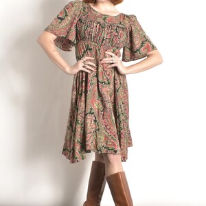 Vintage 1970s Dress / 70s Paisley Print Flutter Sleeve Rayon Dress / Red Green Black S M image 5