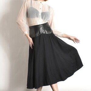 Vintage 1980s Dress / 80s Wool Skirt with Leather Waistband / Black small S image 2