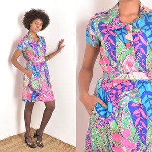 Vintage 1960s Suit / 60s Psychedelic Print Silk Skirt Suit / Pink Blue XS S image 1