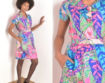 Vintage 1960s Suit / 60s Psychedelic Print Silk Skirt Suit / Pink Blue ( XS S )