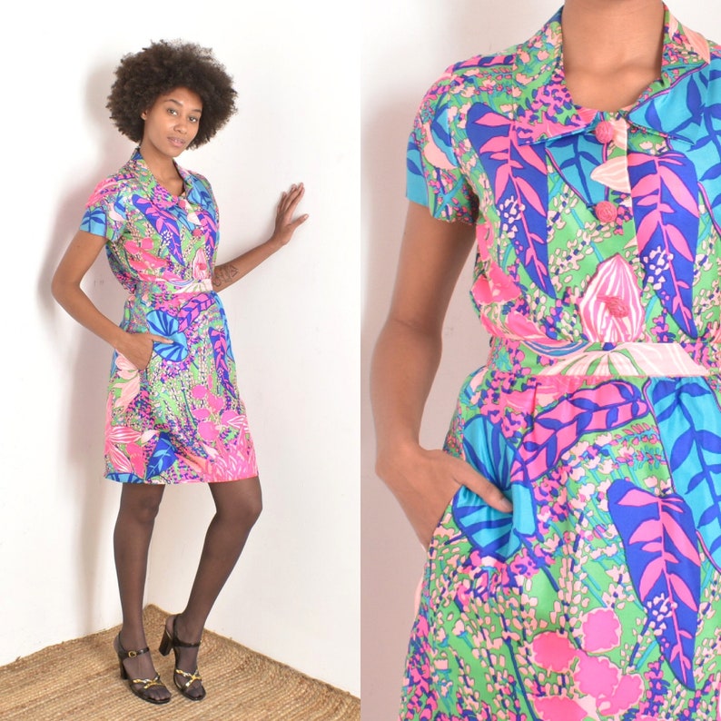 Vintage 1960s Suit / 60s Psychedelic Print Silk Skirt Suit / Pink Blue XS S image 1