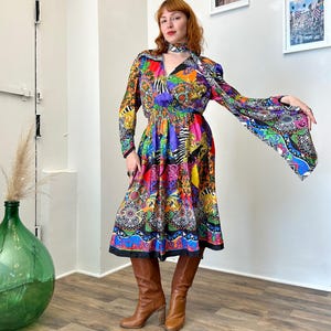 Vintage 1980s Dress / 80s Diane Freis Multicolor Abstract Print Dress / Black White Orange ( S M )