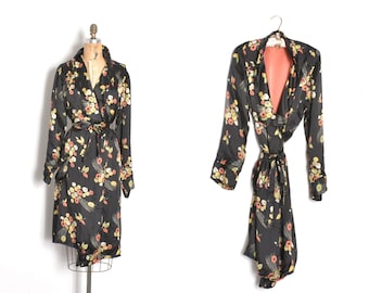 Vintage 1930s Robe / 30s Floral Satin Robe / Black Orange ( S M L )