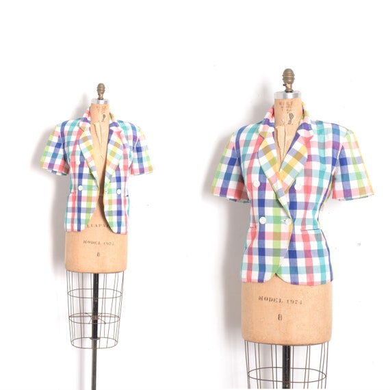 Vintage 1980s Jacket / 80s Colorful Plaid Short Sl