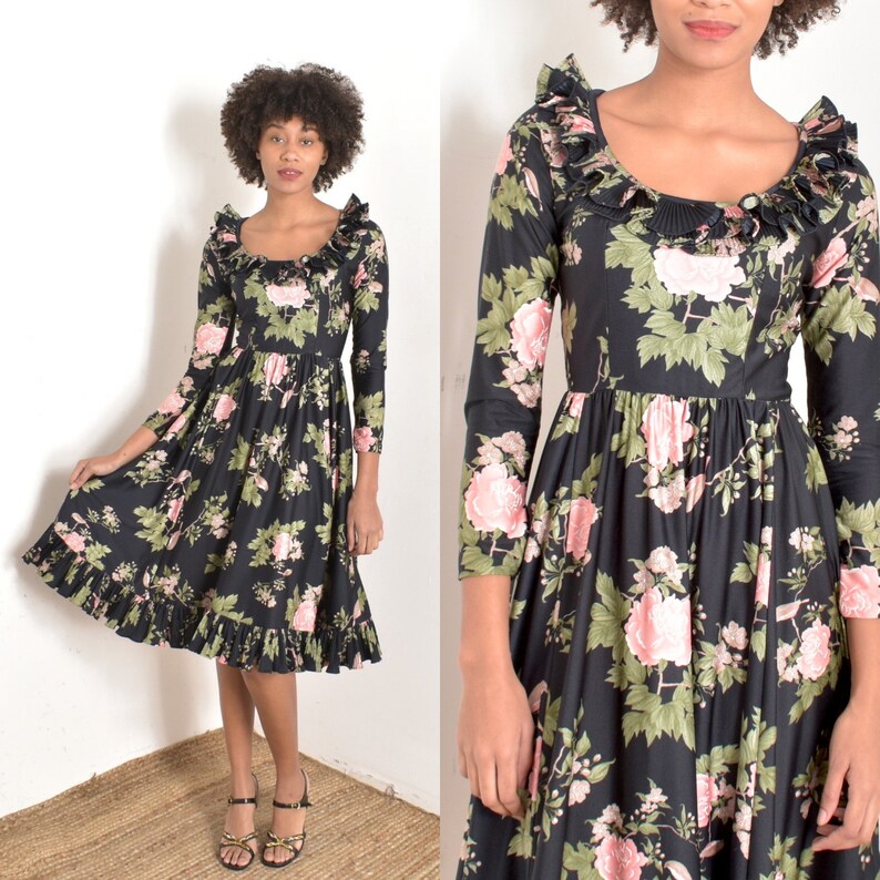 Vintage 1970s Dress / 70s Victor Costa Rose Print Party Dress / Black Pink XS extra small image 1