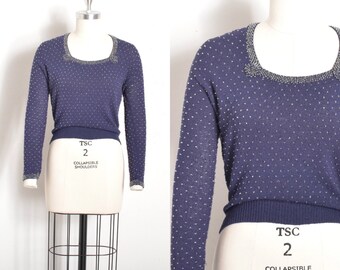 Vintage 1950s Sweater / 50s Beaded Knit Pullover / Navy Blue ( S M )