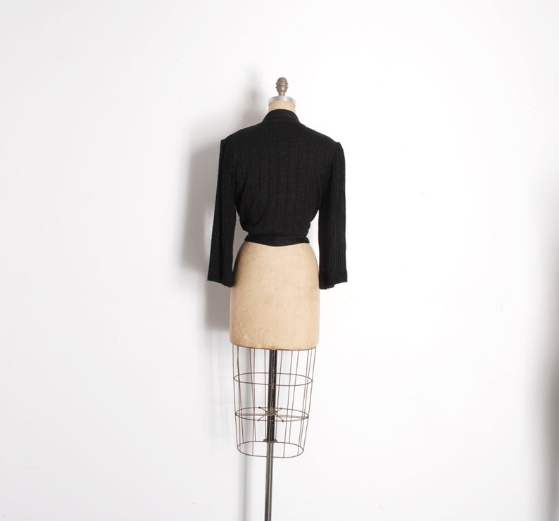 S M L Vintage 1970s Sweater 70s Tie Front Metallic Knit Cropped Sweater Black
