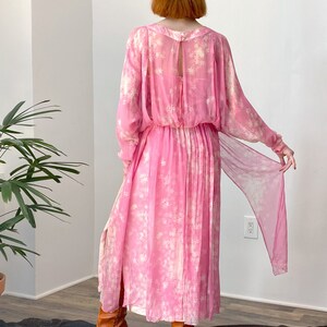 Vintage 1970s Dress / 70s Cherry Blossom Silk Chiffon Dress / Pink White M L image 6