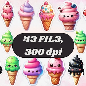Pacchetto di adesivi carini per gelato | 43 clipart kawaii di gelato in formato PNG | Pacchetto di adesivi per download digitale | Adesivi carini per dessert in formato PNG