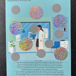 May include: A light blue game card with the text "Medical Insurance" and "Insurance amount$". The card features scratch-off circles and a graphic of a doctor. Instructions and the @CharmaBudgets social media handle are also printed on the card.