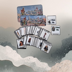 Peut inclure: Un ensemble de cartes de jeu et de coffrets sur le thème de Zootopia. Les coffrets portent l'inscription "Zootopia Box Challenge" et les cartes comportent diverses illustrations de personnages et le texte "Search & Save" et "I Owe Me".