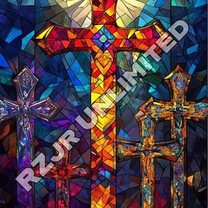 Croce in vetro colorato luminoso Arte digitale – Set di 2 / Arte murale cristiana radiosa e decorazioni ispirate alla chiesa