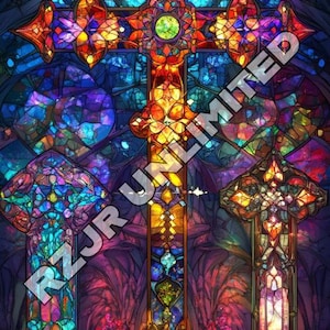 Set di arte digitale con croce in vetro colorato – Arte murale religiosa vibrante – Download digitale cristiano