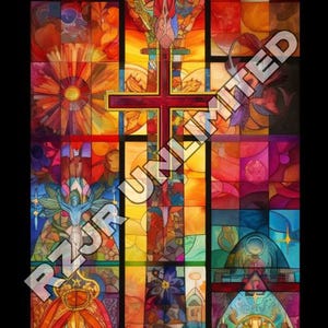 Croce in vetro colorato radiante Arte digitale – Set di 2 / Arte murale cristiana vibrante e decorazione spirituale