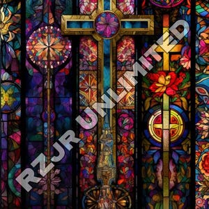 Croce in vetro colorato decorato Arte digitale – Set di 2 / Arte murale cristiana e decorazioni sacre