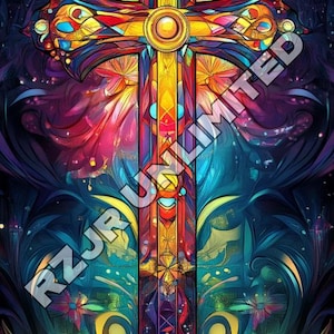 Collezione di arte digitale con croci in vetro colorato / Arte murale religiosa / Stampe di croci cristiane vivaci / Download digitale