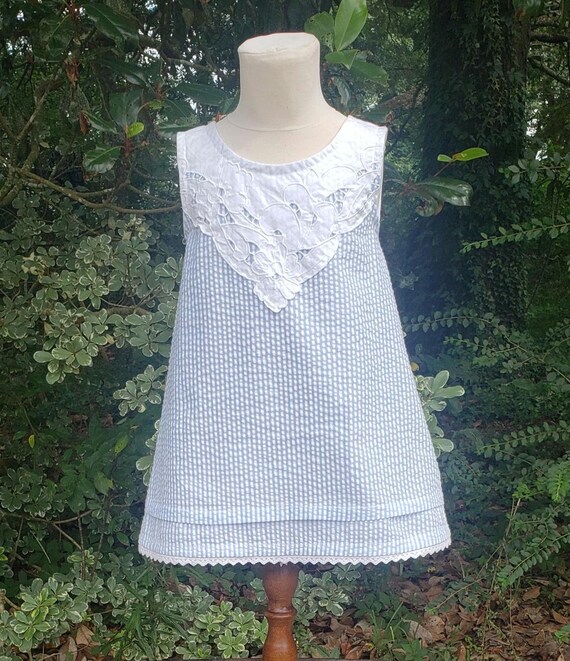 Girl's Blue and White Seersucker dress with Vintage Linen Bib