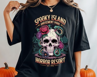 Vintage Spooky Island Graphic Tee: Skull Snake Horror Resort Shirt