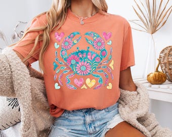 Coastal Floral Crab Shirt | Beachy Boho Crab Tee | Summer Coastal Graphic Shirt