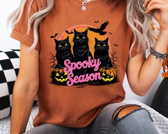 Black Cat & Pumpkin Halloween Tee: Spooky Season Comfort Colors Shirt