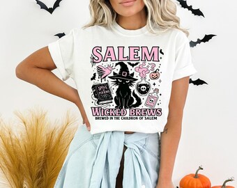 Koszula Salem Wicked Brews: Straszna koszulka z grafiką „Halloween Witch”