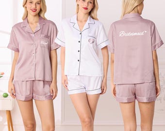 Spersonalizowany zestaw piżam satynowych dla druhen, spersonalizowane piżamy dla druhen, prezent na zaręczyny dla druhen, strój na przygotowania do ślubu