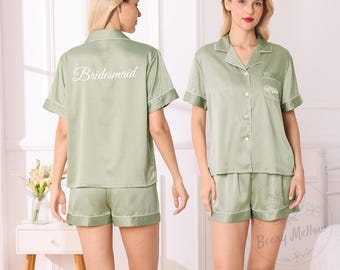 Zestaw piżam ślubnych z satyny, piżamy dla druhen, pasujące piżamy, spersonalizowany prezent dla gości weselnych